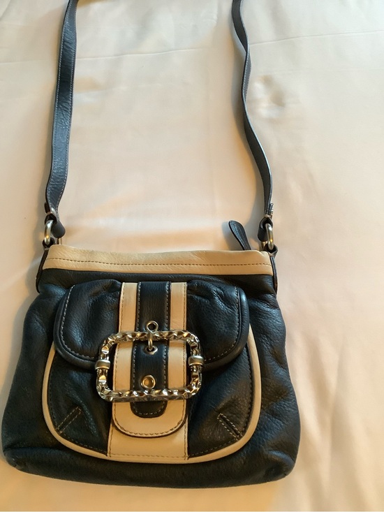 b. makowsky Handbags - b. makowsky Blue and Cream Leather Shoulder Bag with Decorative Chain Buckle